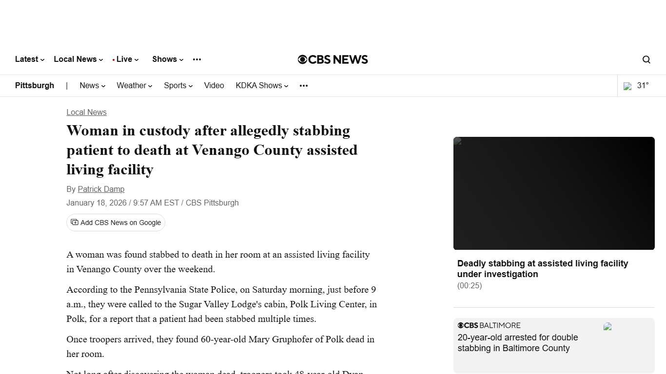 Woman in custody after allegedly stabbing patient to death at Venango County assisted living facility - CBS Pittsburgh